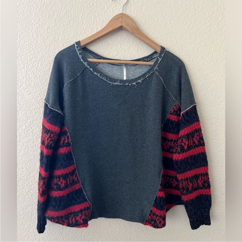 Free People Distressed Raw Hem Gray Red Oversized Sweatshirt Thermal Tee Top S - Picture 5 of 7